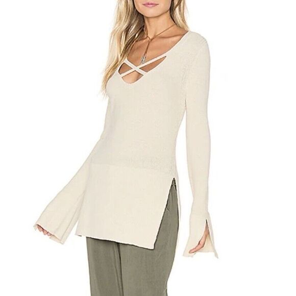 Free People Criss Cross Tunic Sweater V-Neck Long Sleeve Cream Size M - Picture 1 of 12